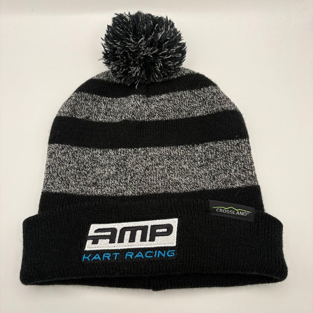 AMP Kart Racing Crossland Pom Pom Beanie Hat Black Gray Stripes Mens